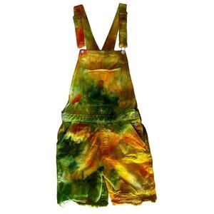 Reworked BoohooMan Ice Dyed Overall Shorts Green Yellow Tie Dye Size 32